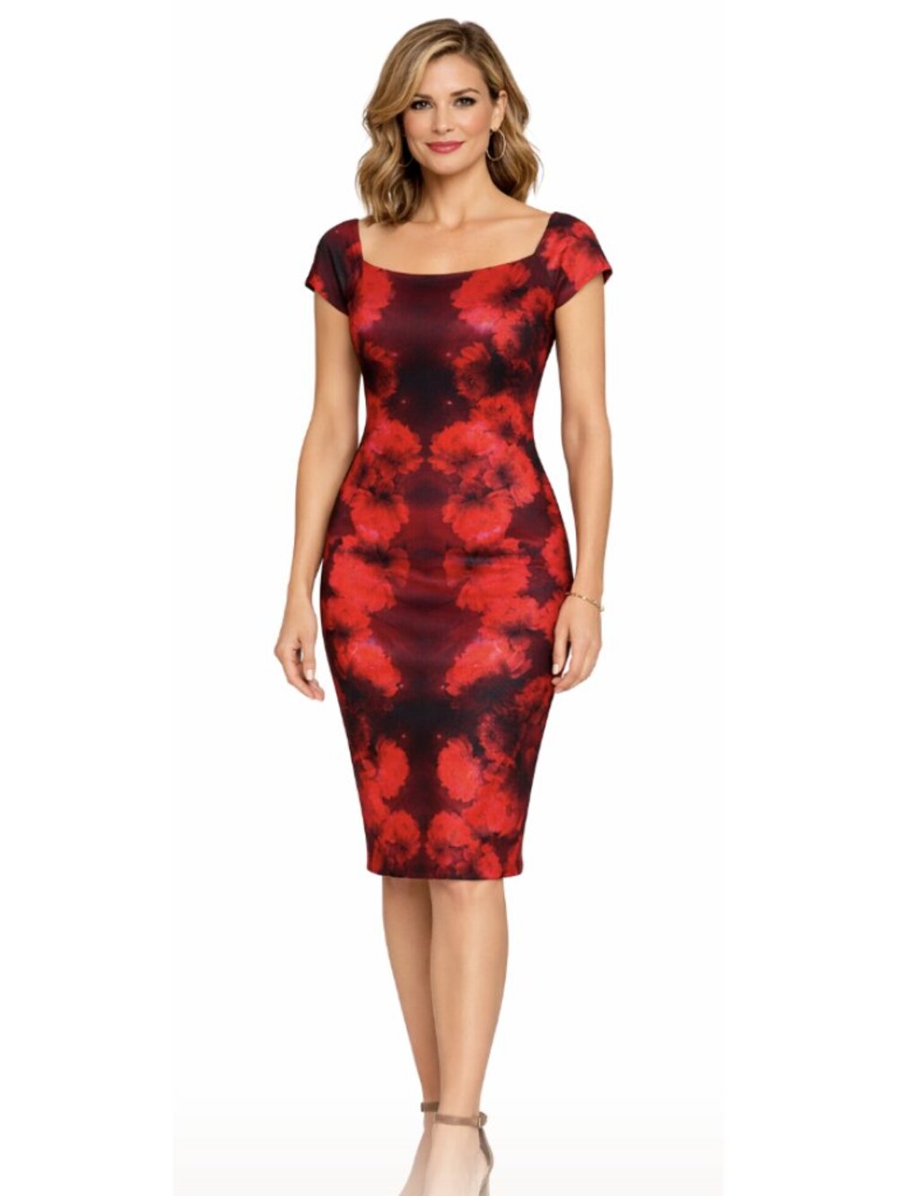 CHIARA BONI La Petite Robe Abstract Floral Bodycon Cocktail Evening Dress Red